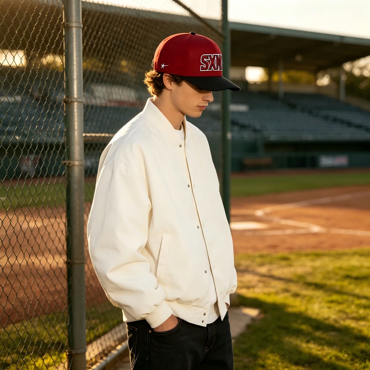 Custom White and Green Embroidered Lettering Cap on model