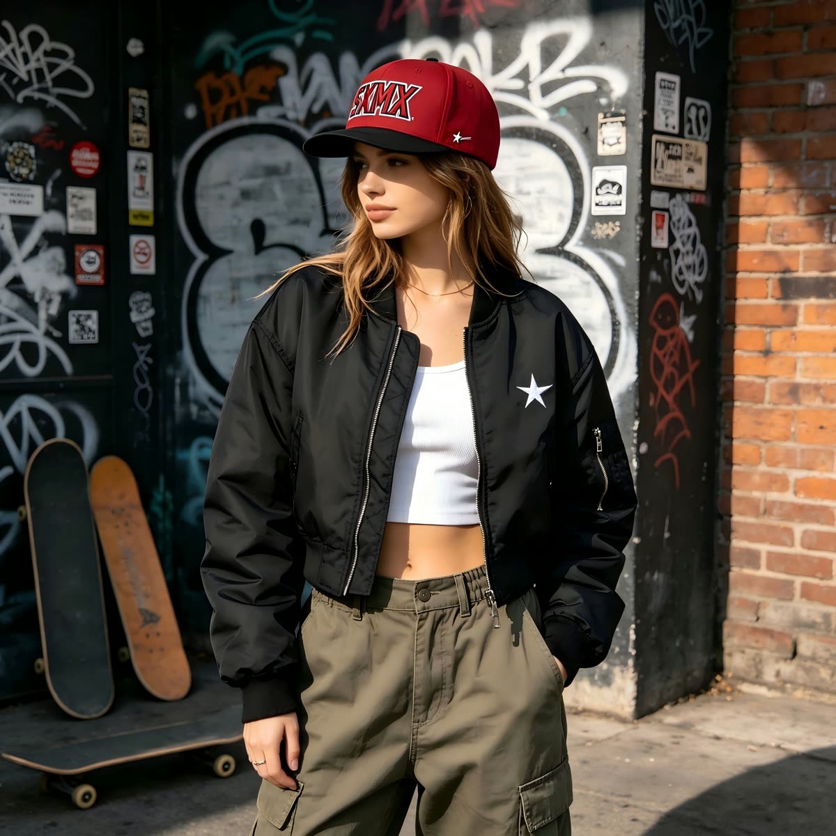 Custom White and Green Embroidered Lettering Cap on model
