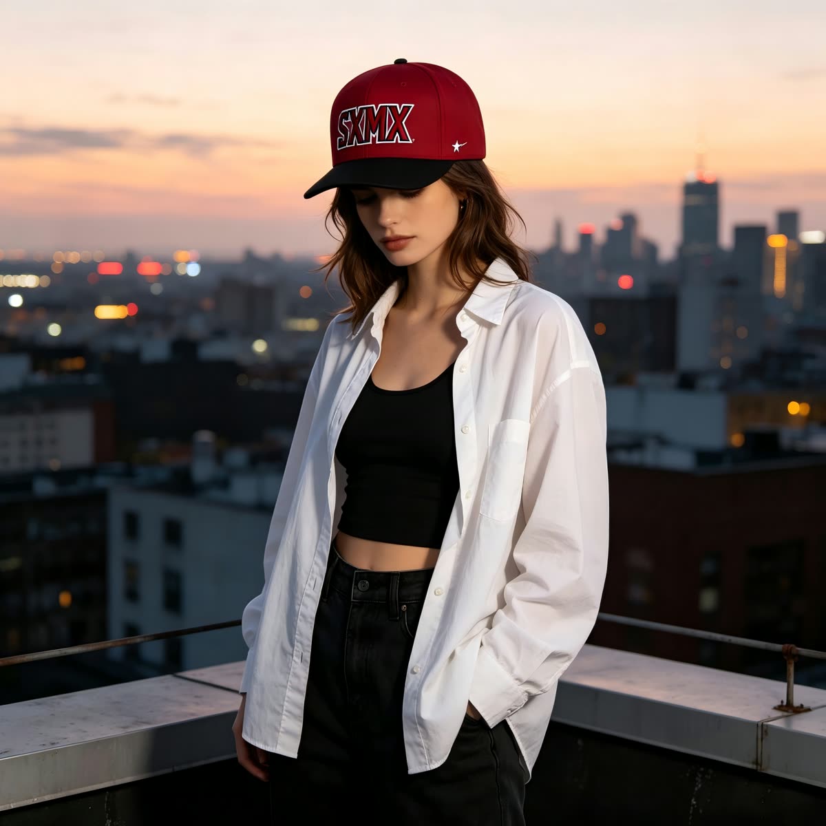 Custom White and Green Embroidered Lettering Cap on model