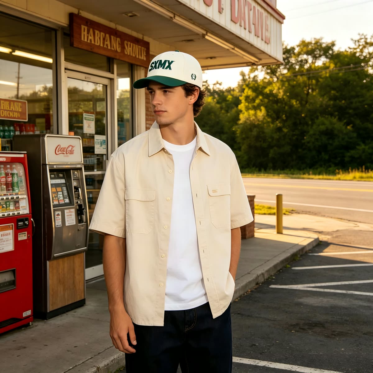 Custom White and Green Embroidered Lettering Cap on model