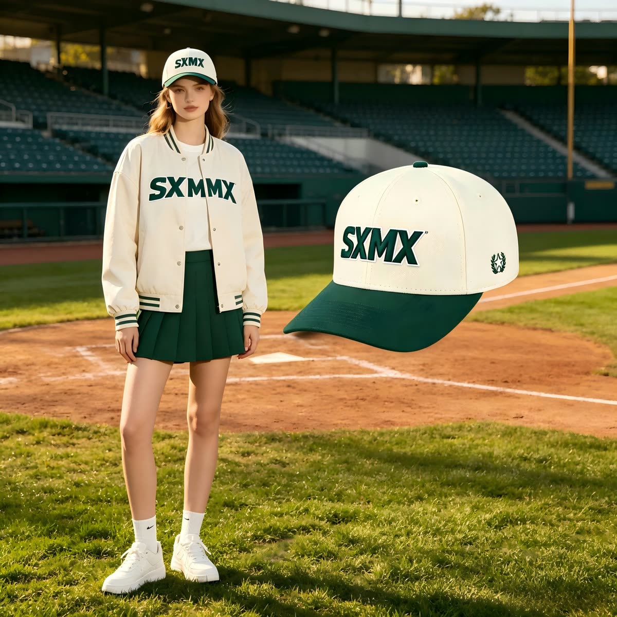 Custom White and Green Embroidered Lettering Cap on model