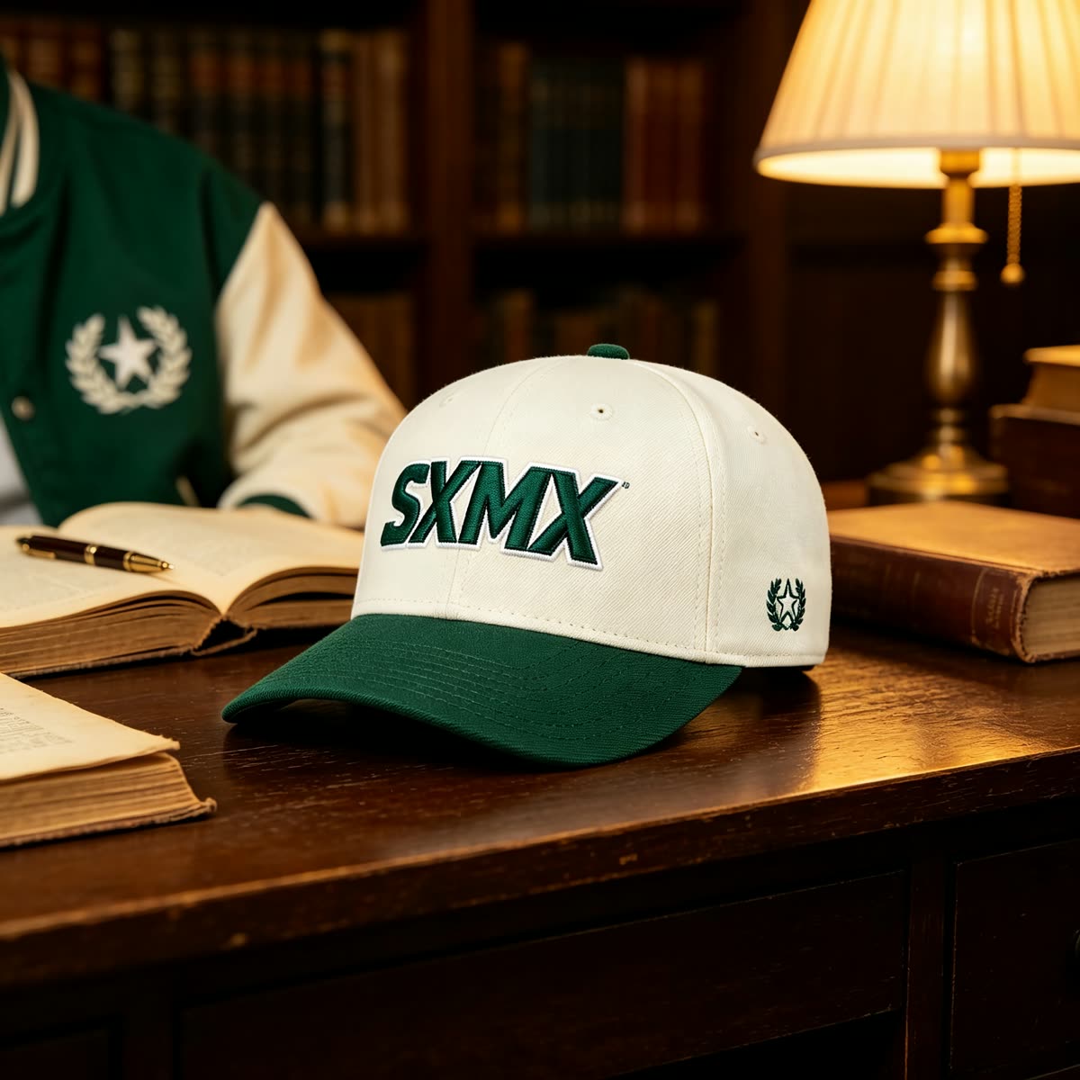Custom White and Green Embroidered Lettering Cap scene