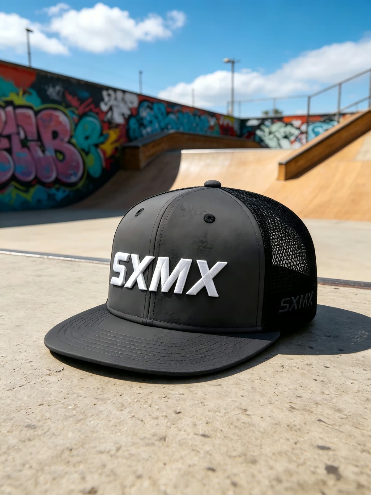 Custom Black Flat Brim Trucker Cap with White Logo scene