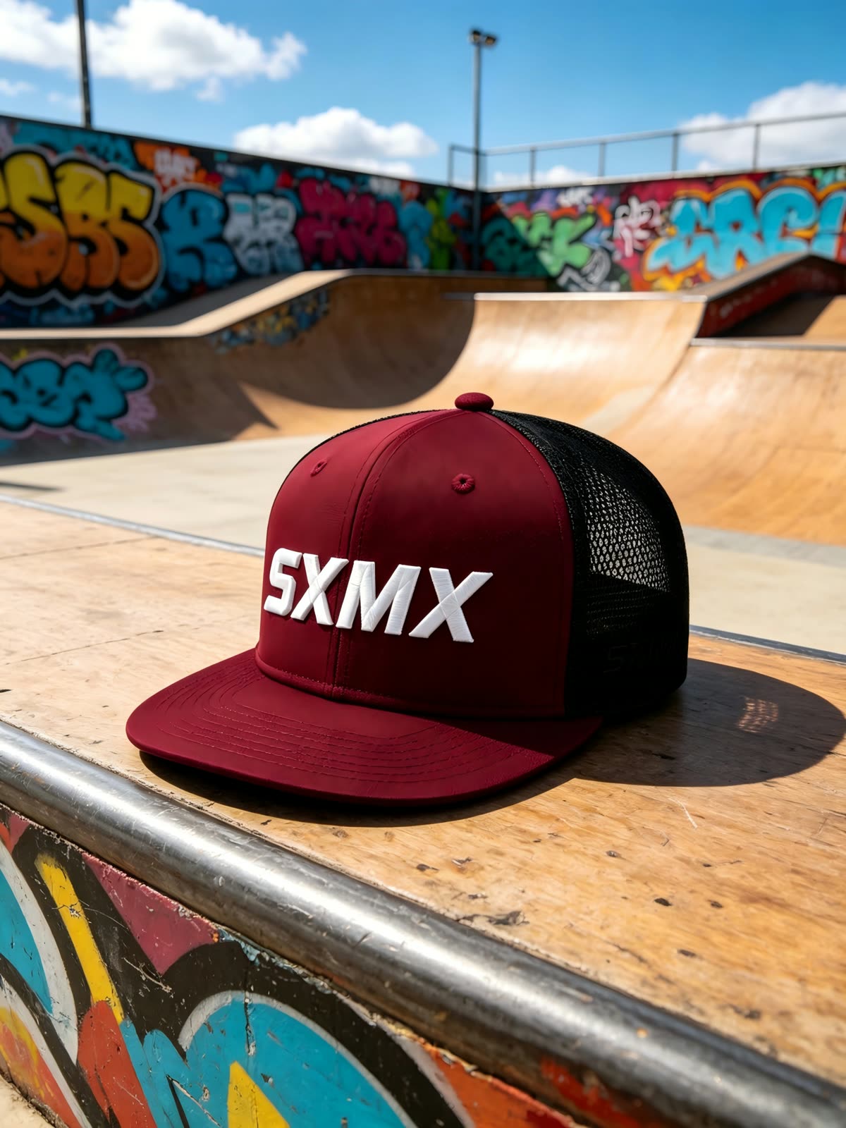 Custom Black Flat Brim Trucker Cap with White Logo scene