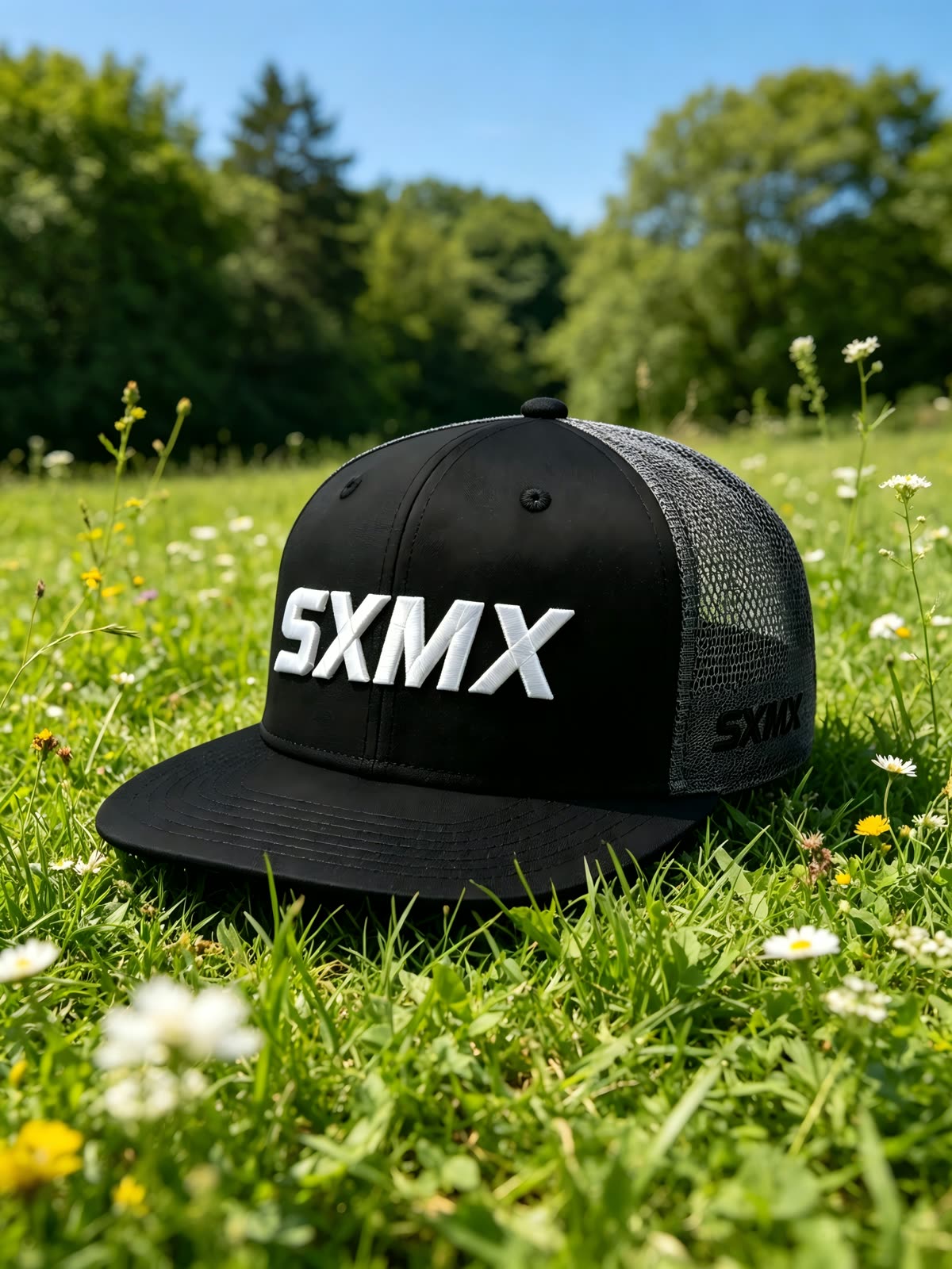 Custom Black Flat Brim Trucker Cap with White Logo scene