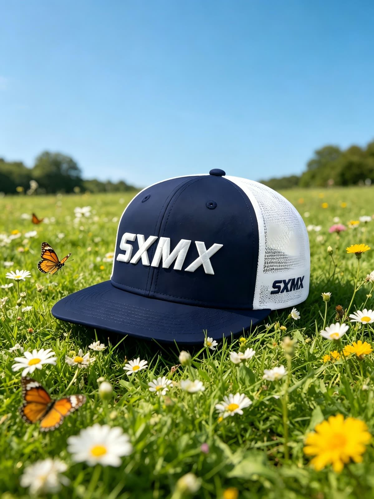 Custom Black Flat Brim Trucker Cap with White Logo scene