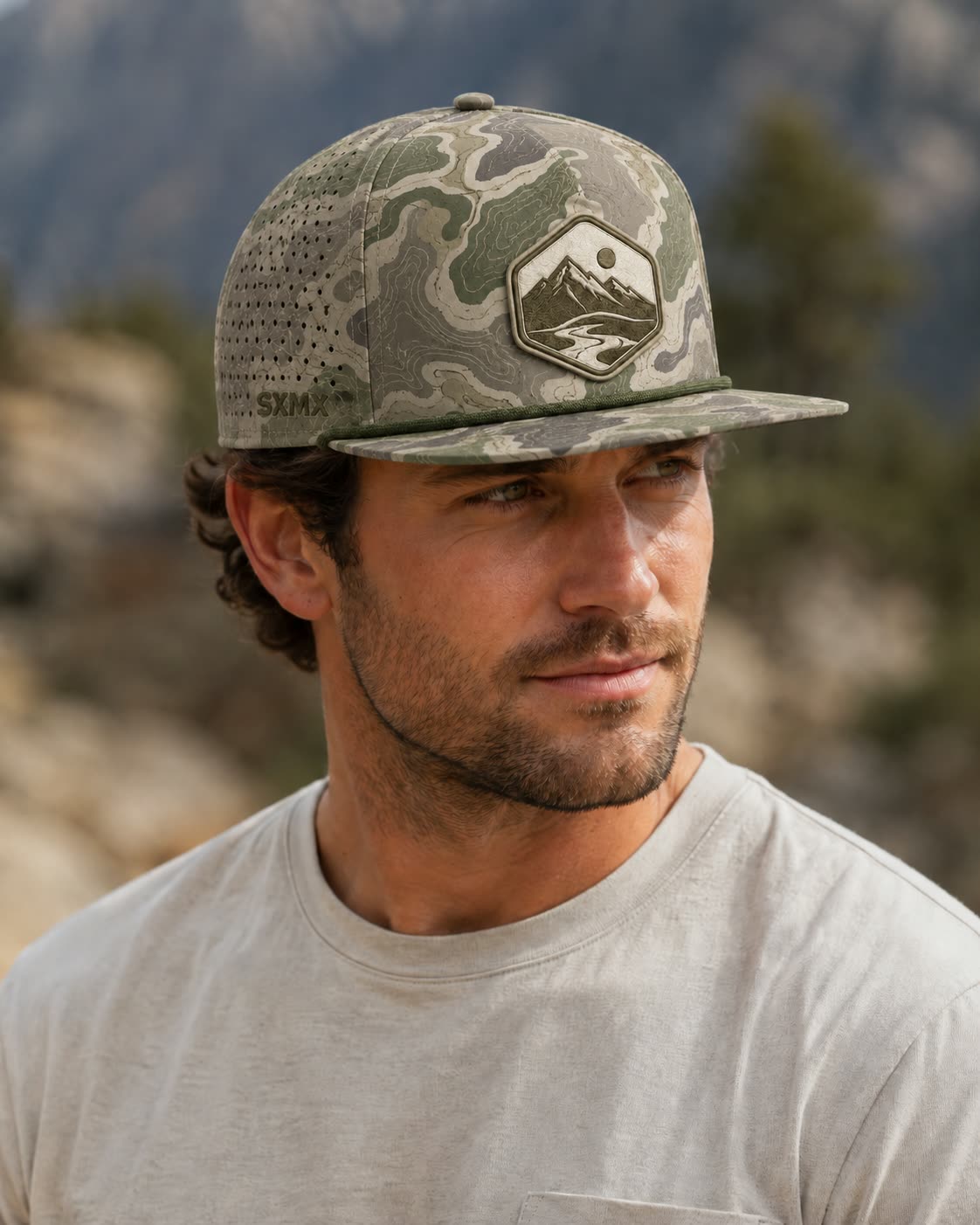Custom Topographic Print Camp Cap with Rope Accent on model