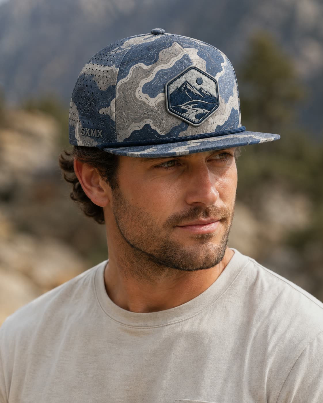 Custom Topographic Print Camp Cap with Rope Accent on model