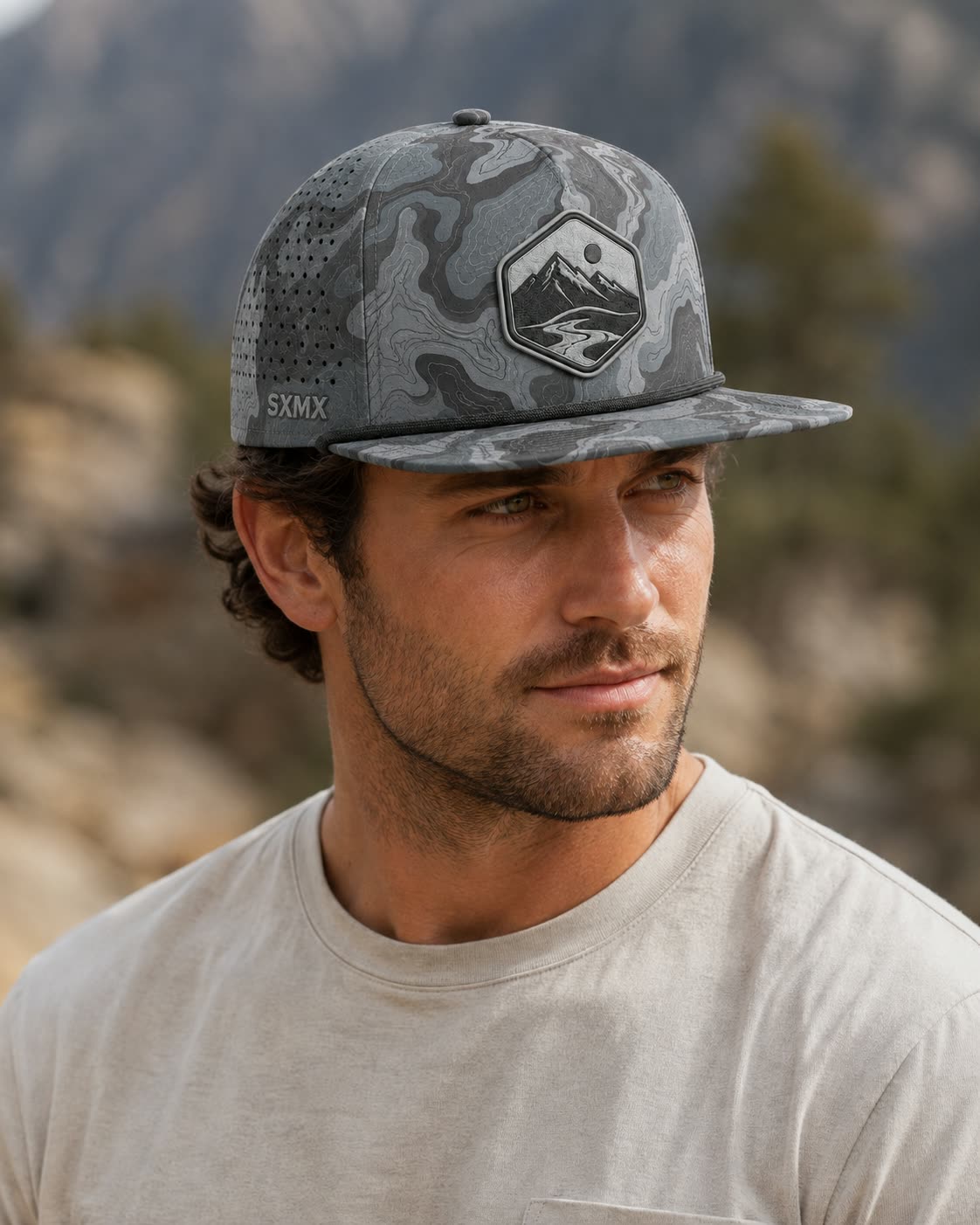 Custom Topographic Print Camp Cap with Rope Accent on model