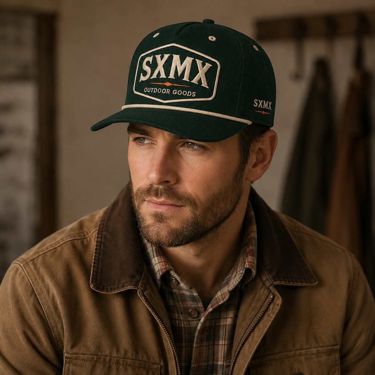 Custom Dark Green Rope Trim Camp Cap with Embroidered Patch on model