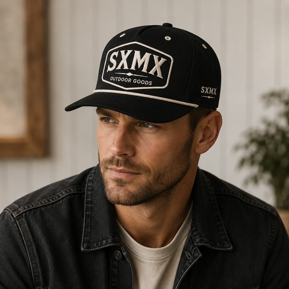 Custom Dark Green Rope Trim Camp Cap with Embroidered Patch on model