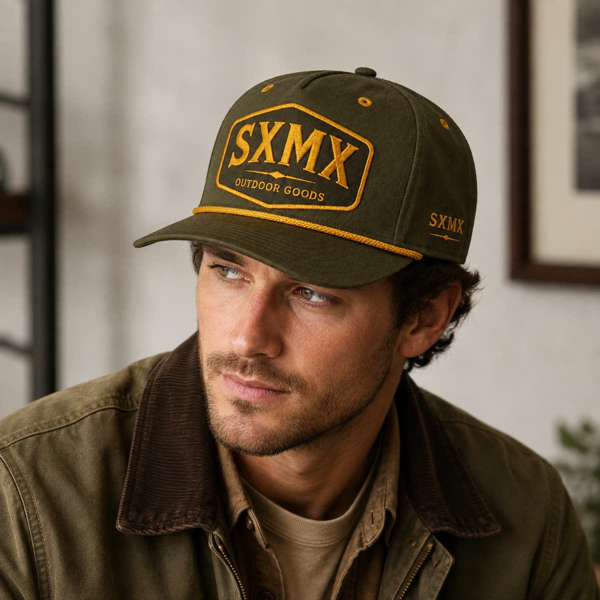 Custom Dark Green Rope Trim Camp Cap with Embroidered Patch on model