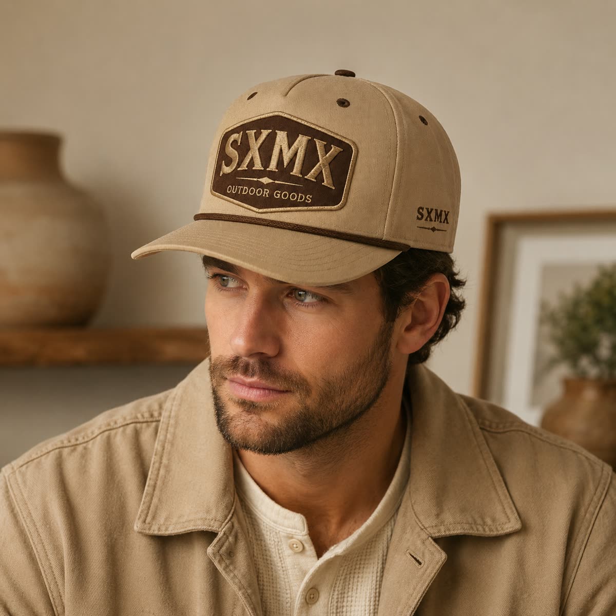 Custom Dark Green Rope Trim Camp Cap with Embroidered Patch on model