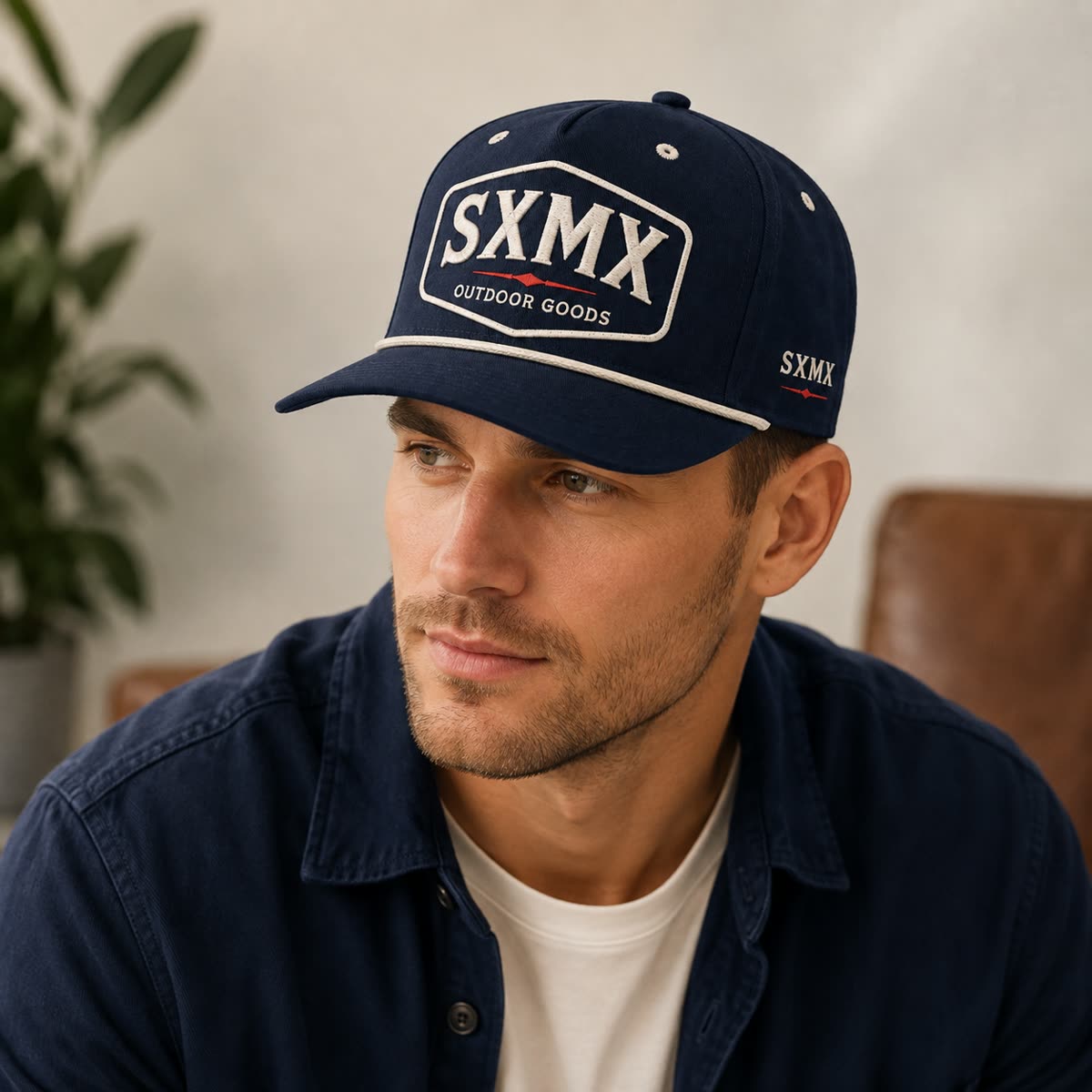 Custom Dark Green Rope Trim Camp Cap with Embroidered Patch on model