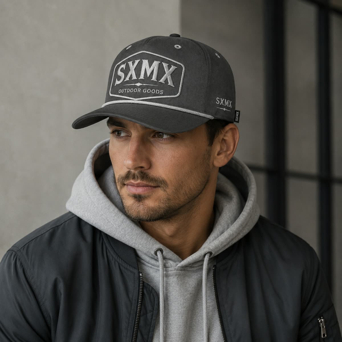 Custom Dark Green Rope Trim Camp Cap with Embroidered Patch on model
