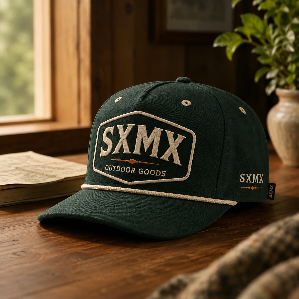 Custom Dark Green Rope Trim Camp Cap with Embroidered Patch scene