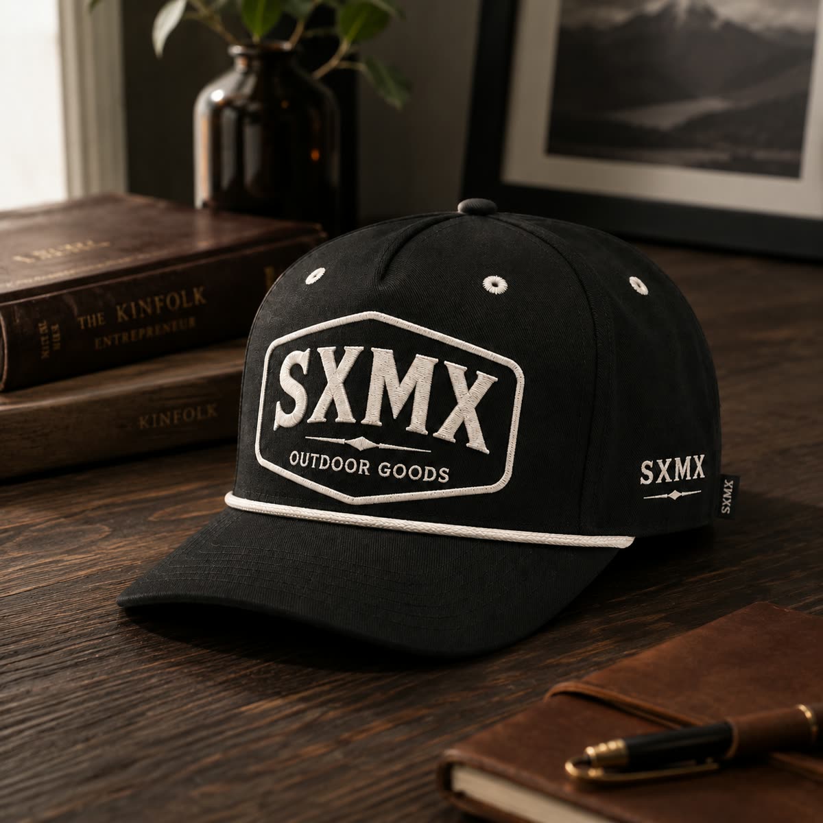 Custom Dark Green Rope Trim Camp Cap with Embroidered Patch scene