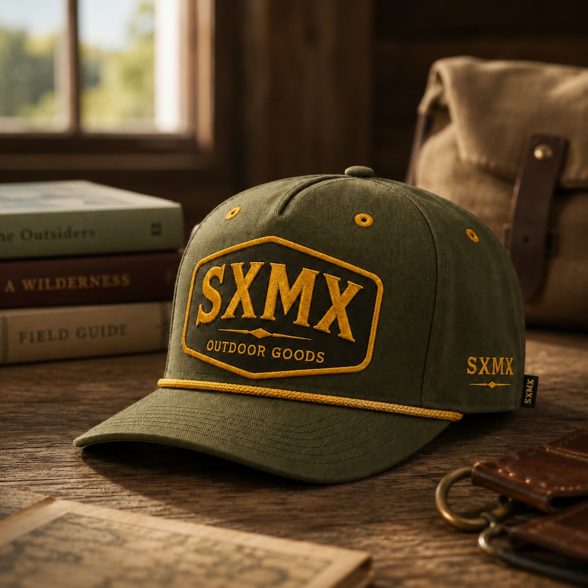 Custom Dark Green Rope Trim Camp Cap with Embroidered Patch scene