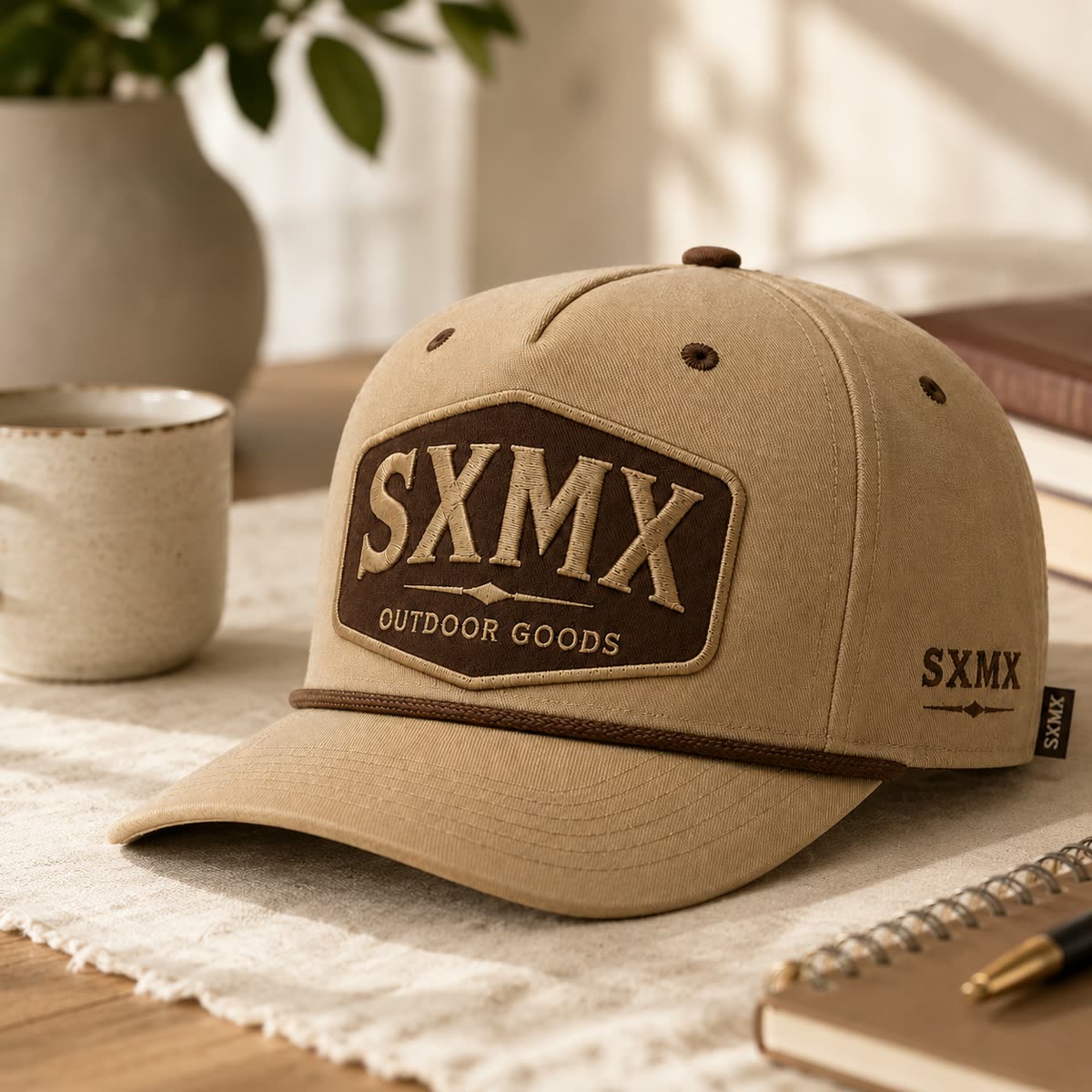 Custom Dark Green Rope Trim Camp Cap with Embroidered Patch scene