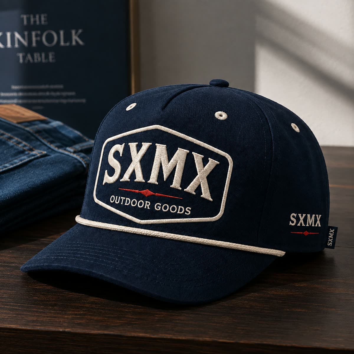 Custom Dark Green Rope Trim Camp Cap with Embroidered Patch scene