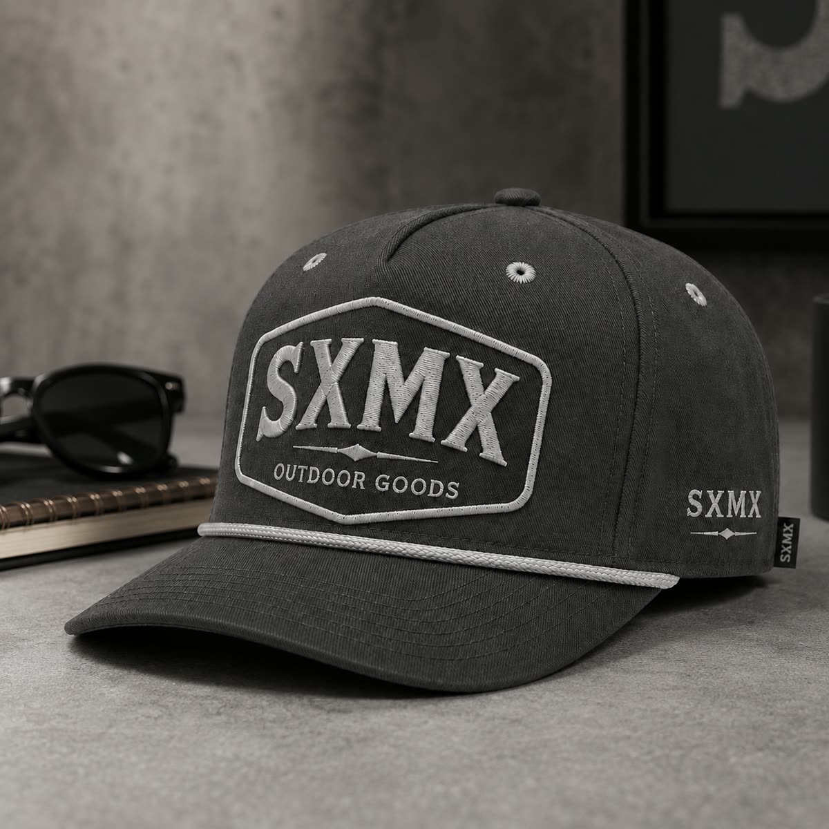 Custom Dark Green Rope Trim Camp Cap with Embroidered Patch scene