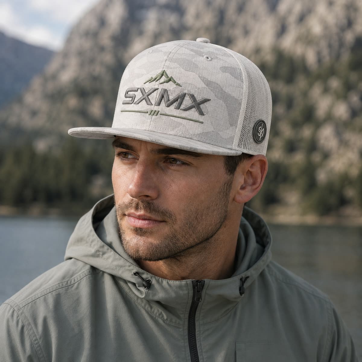 Custom Black Camo Flat Brim Trucker Cap with Mesh Back on model