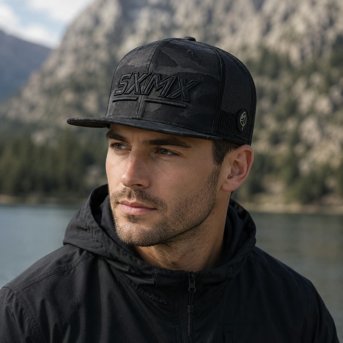 Custom Black Camo Flat Brim Trucker Cap with Mesh Back on model
