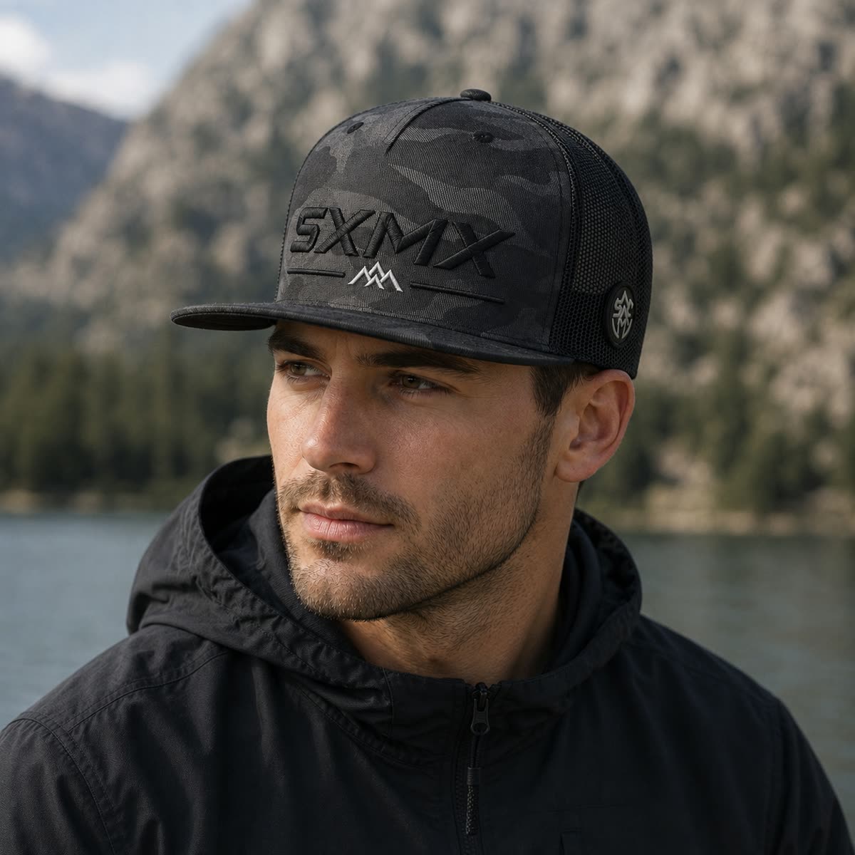Custom Black Camo Flat Brim Trucker Cap with Mesh Back on model