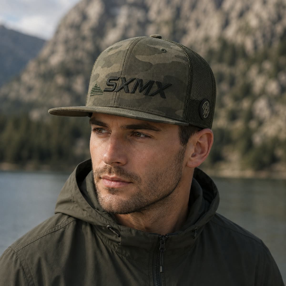 Custom Black Camo Flat Brim Trucker Cap with Mesh Back on model