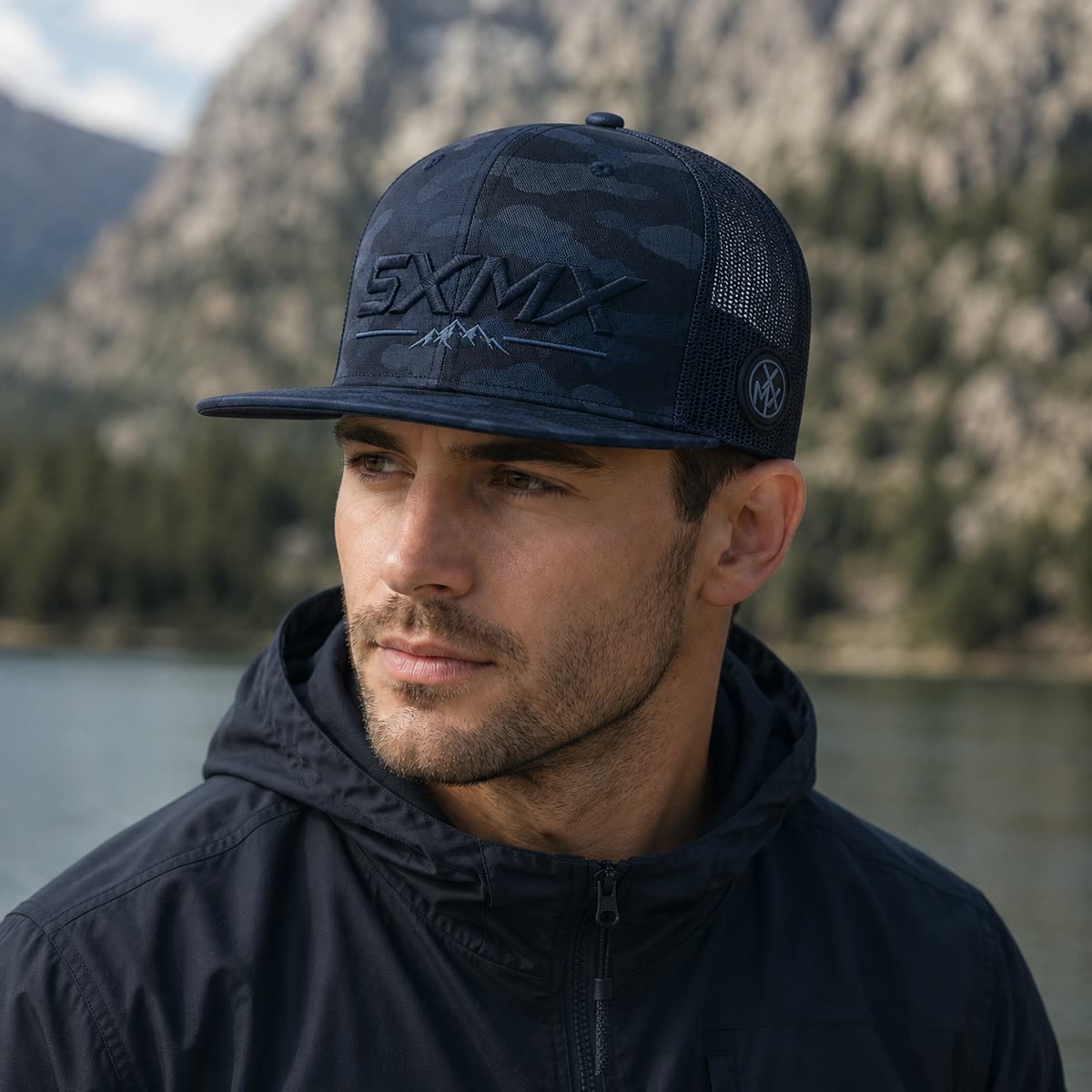 Custom Black Camo Flat Brim Trucker Cap with Mesh Back on model
