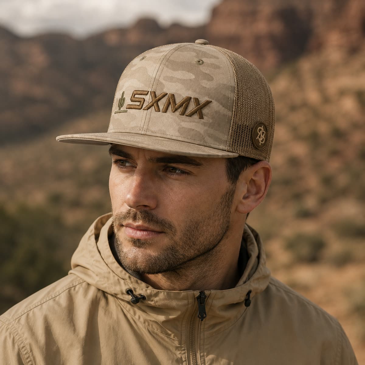 Custom Black Camo Flat Brim Trucker Cap with Mesh Back on model