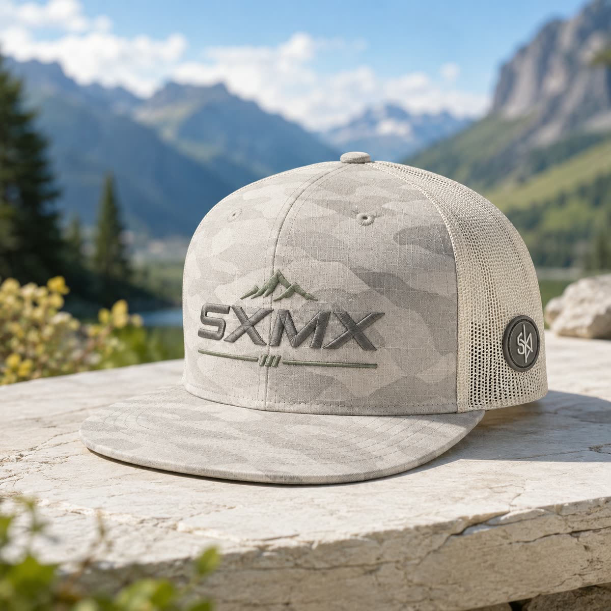 Custom Black Camo Flat Brim Trucker Cap with Mesh Back scene