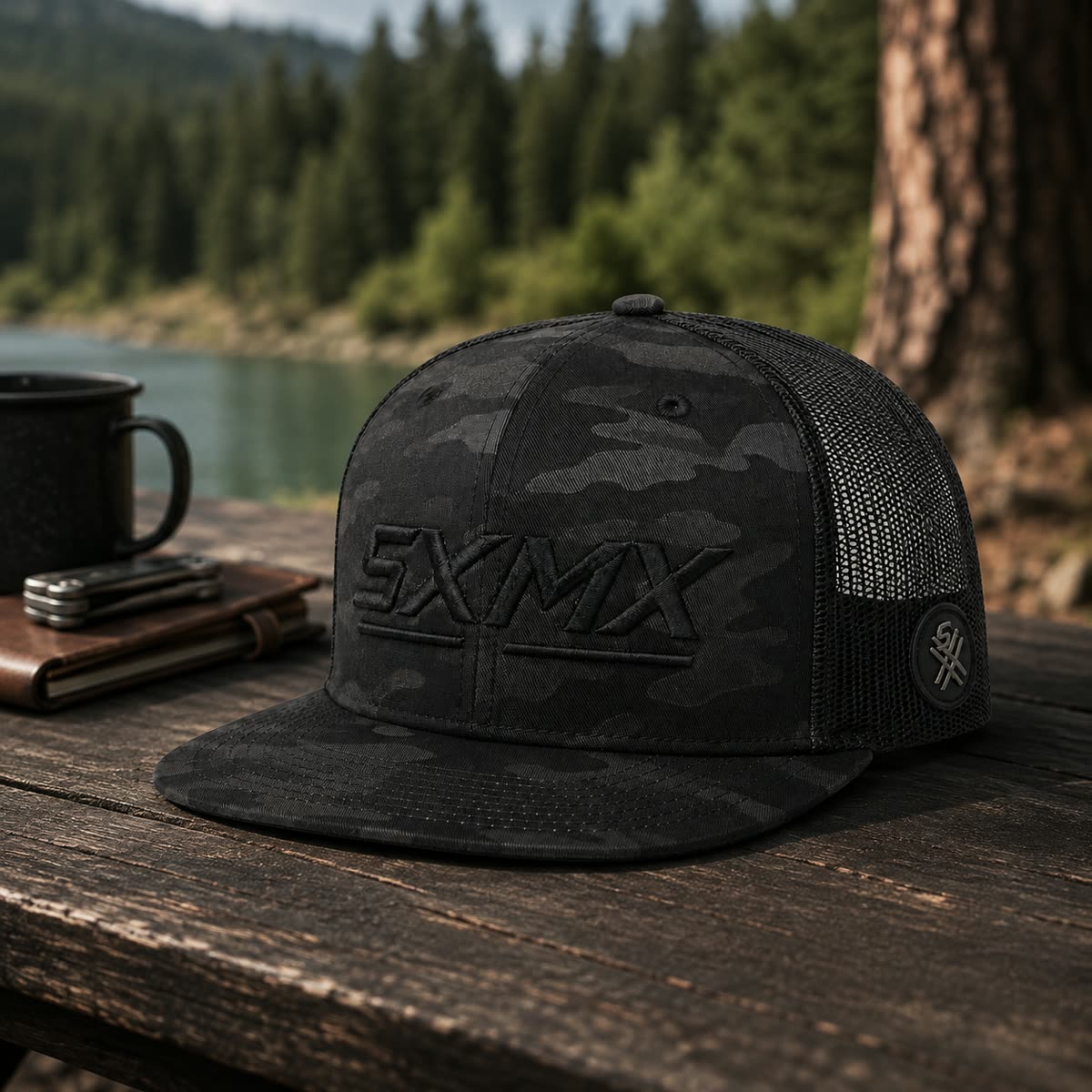 Custom Black Camo Flat Brim Trucker Cap with Mesh Back scene