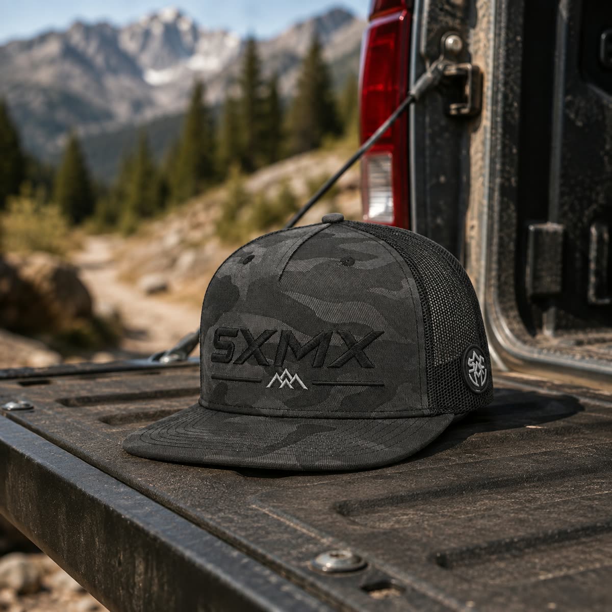 Custom Black Camo Flat Brim Trucker Cap with Mesh Back scene
