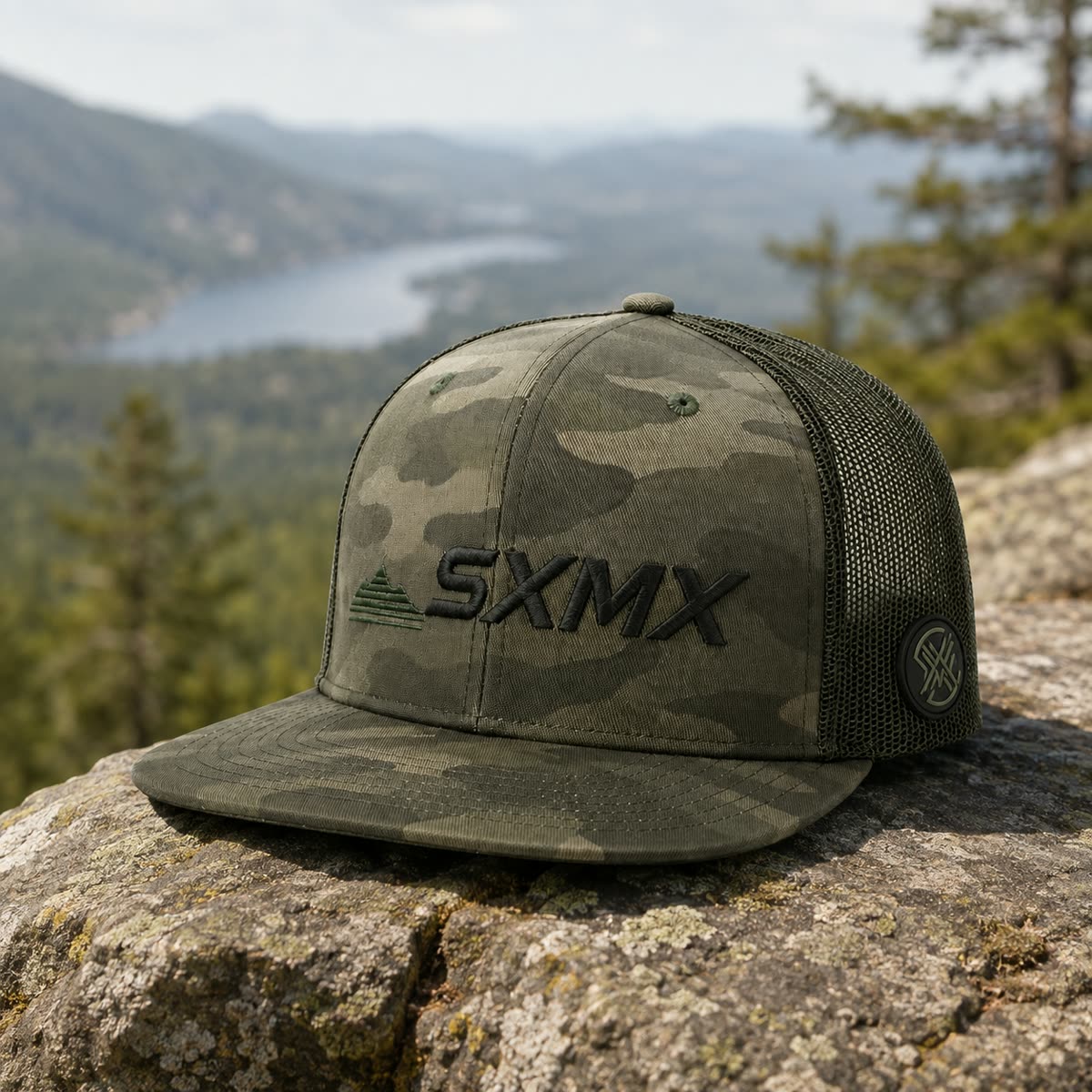 Custom Black Camo Flat Brim Trucker Cap with Mesh Back scene