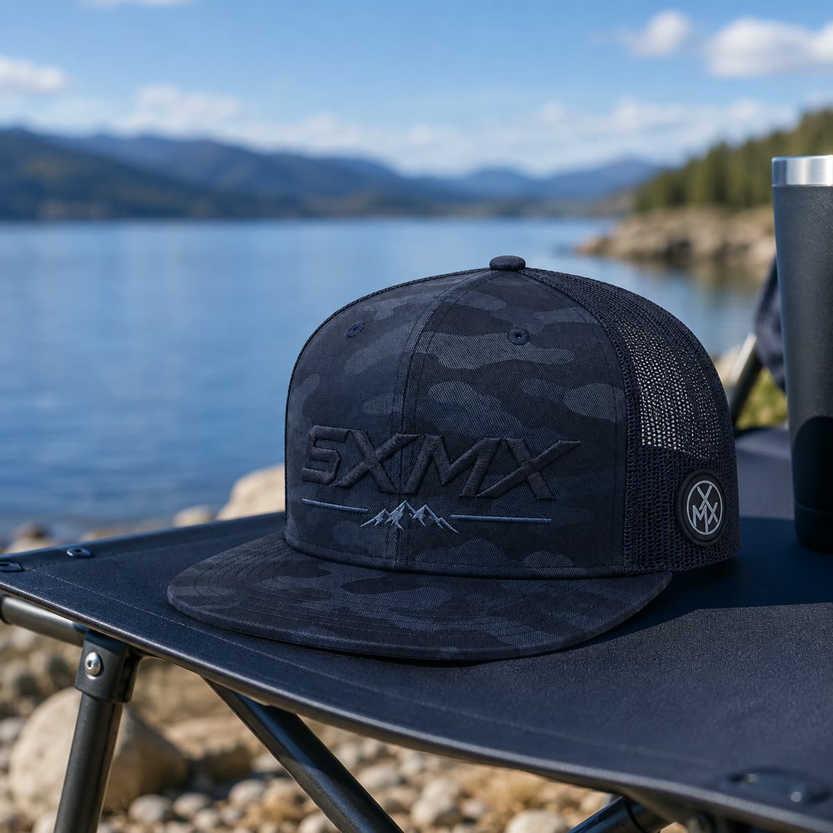 Custom Black Camo Flat Brim Trucker Cap with Mesh Back scene