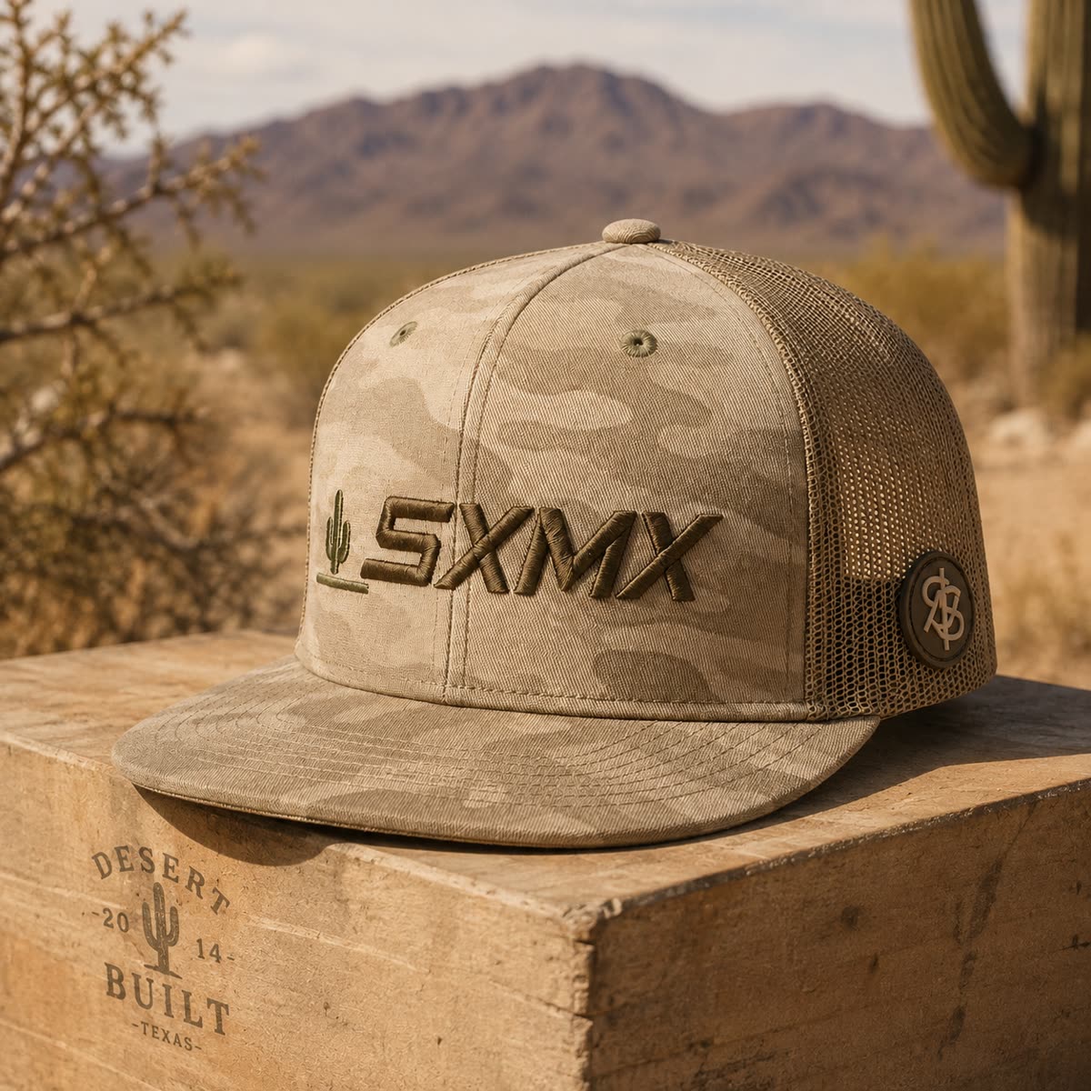 Custom Black Camo Flat Brim Trucker Cap with Mesh Back scene