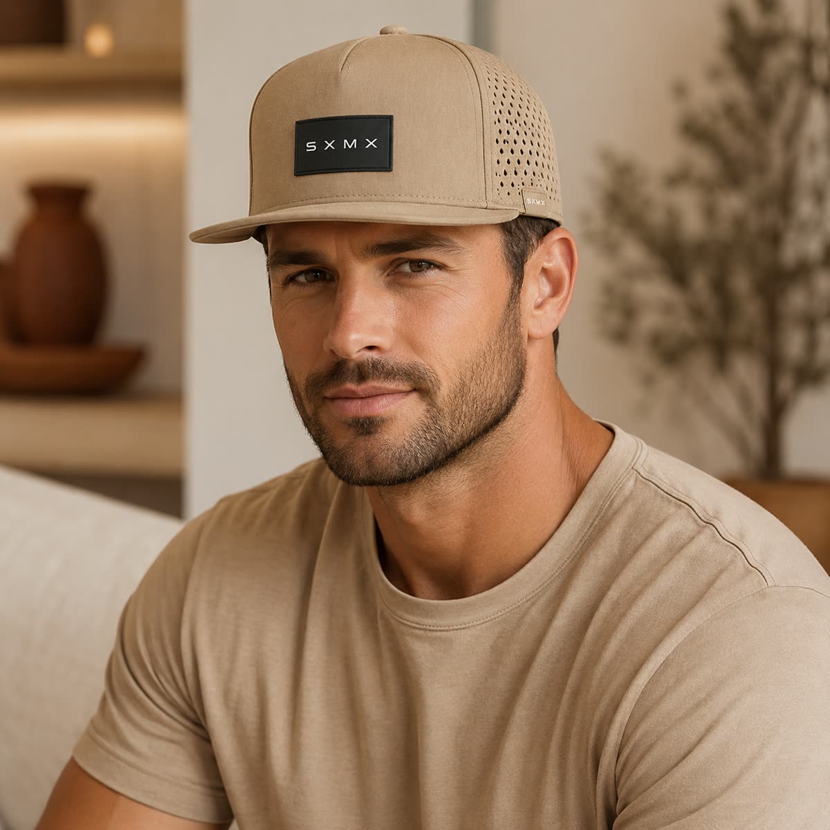 Custom Black Topographic Trucker Cap with Rubber Patch on model