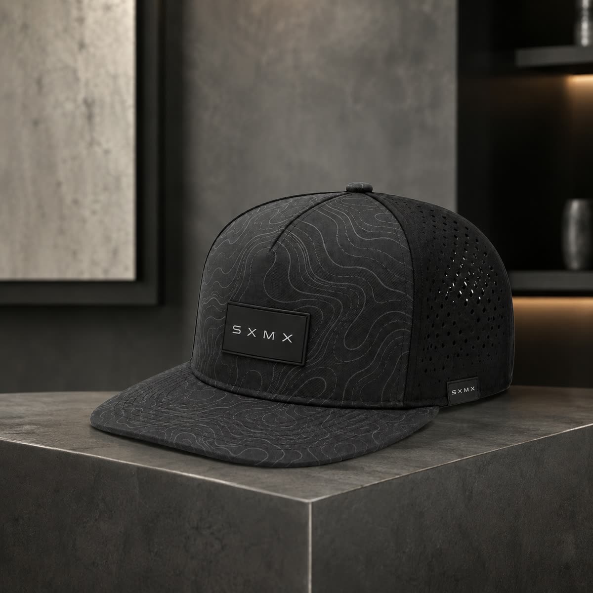 Custom Black Topographic Trucker Cap with Rubber Patch scene