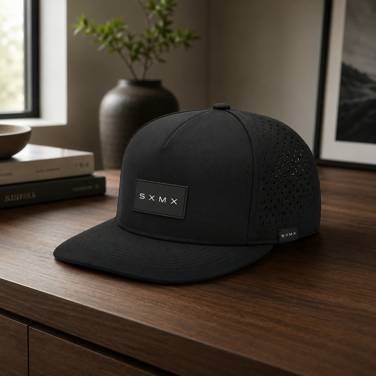 Custom Black Topographic Trucker Cap with Rubber Patch scene