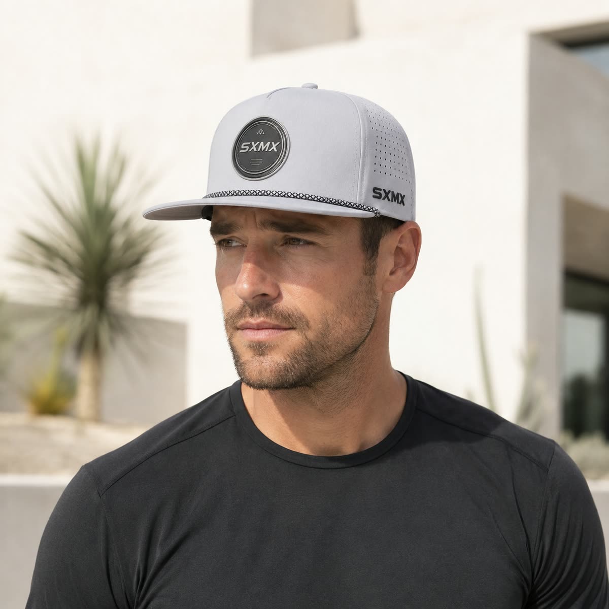 Custom White Rope Trim Camp Cap with Perforated Panels on model