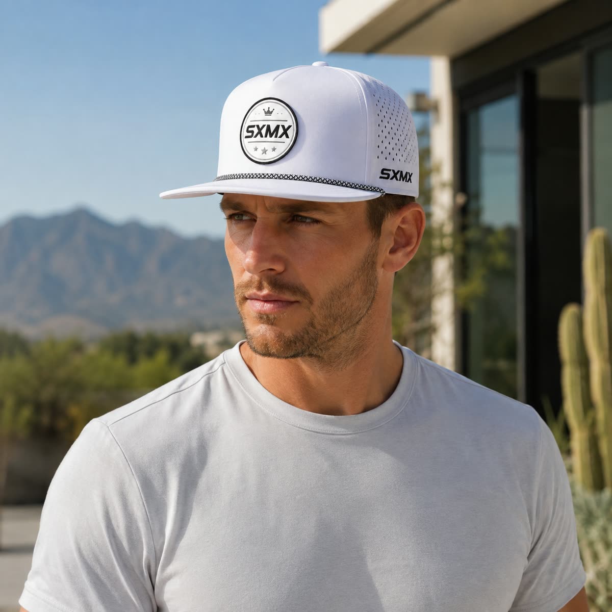 Custom White Rope Trim Camp Cap with Perforated Panels on model