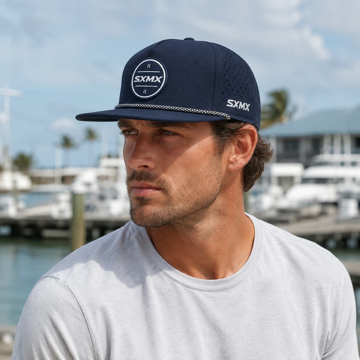 Custom White Rope Trim Camp Cap with Perforated Panels on model