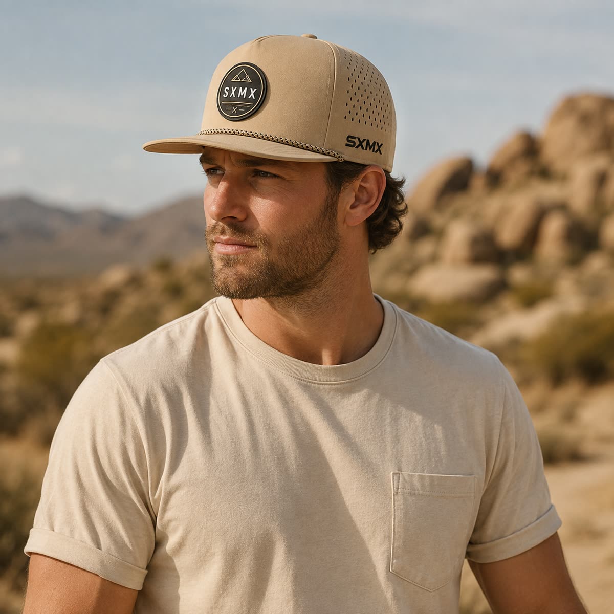 Custom White Rope Trim Camp Cap with Perforated Panels on model