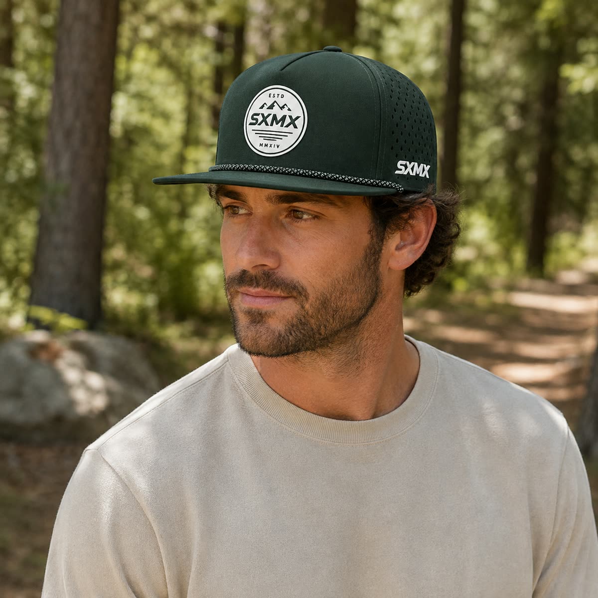 Custom White Rope Trim Camp Cap with Perforated Panels on model