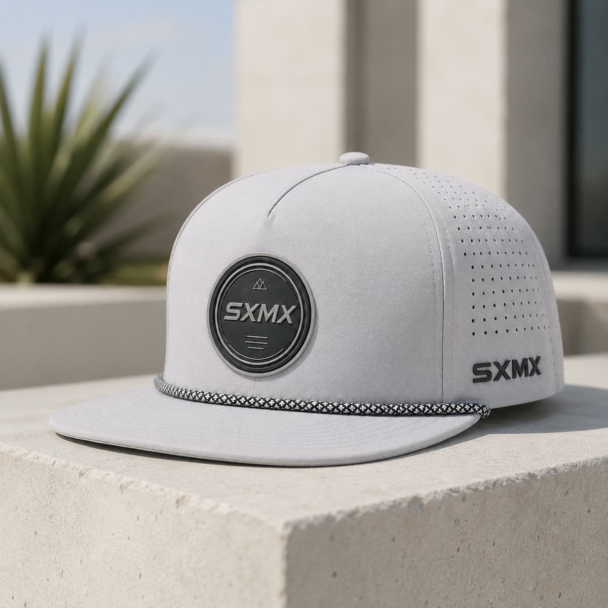 Custom White Rope Trim Camp Cap with Perforated Panels scene