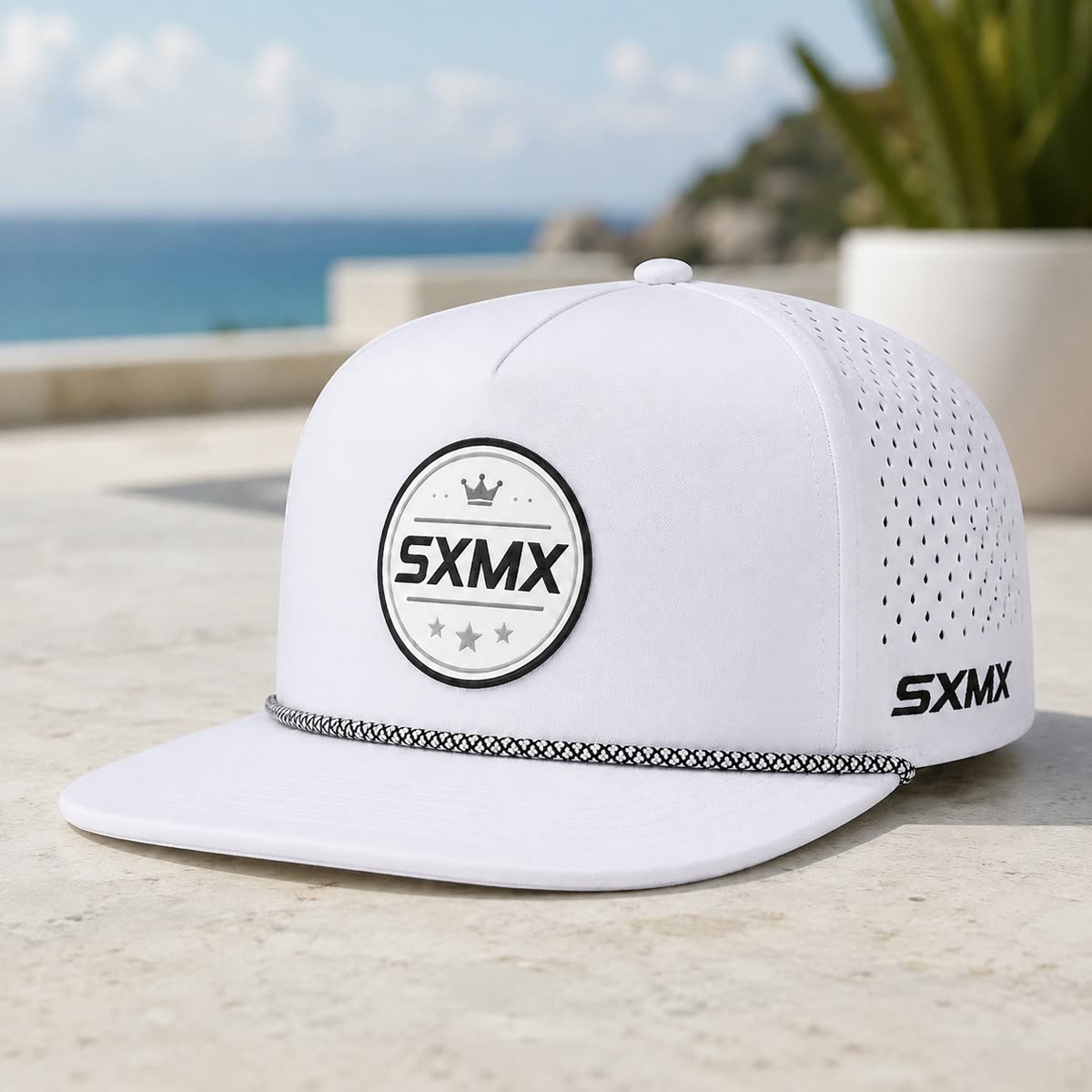 Custom White Rope Trim Camp Cap with Perforated Panels scene