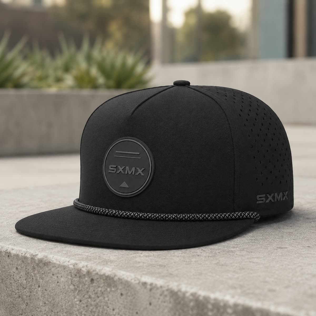 Custom White Rope Trim Camp Cap with Perforated Panels scene