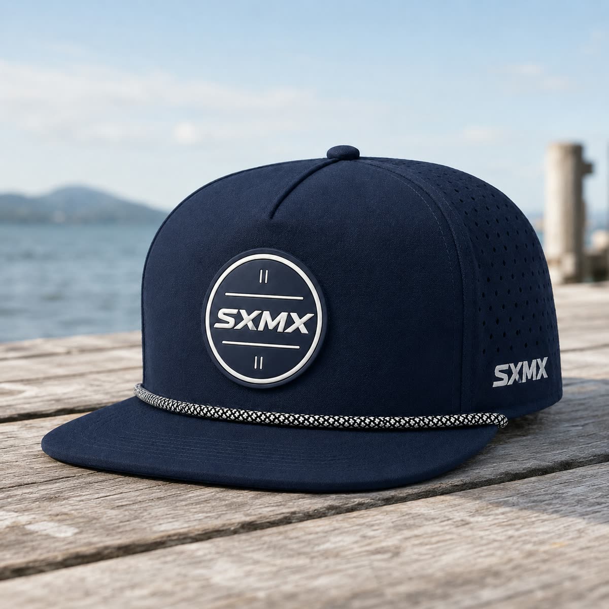Custom White Rope Trim Camp Cap with Perforated Panels scene