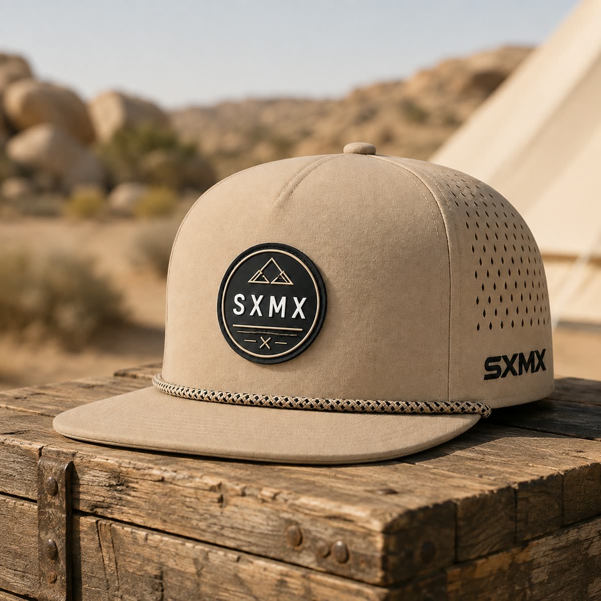 Custom White Rope Trim Camp Cap with Perforated Panels scene
